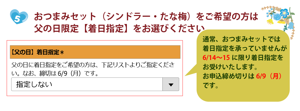 ５．おつまみセット（シンドラー・たな梅）をご注文の方は、【着日指定】をお選びください。